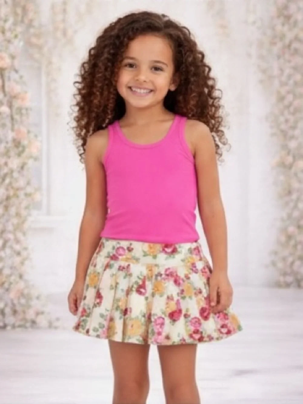 New Girls 2 Piece Pink Floral Athletic Set Activewear Set Skort & Tank Stretch‎
